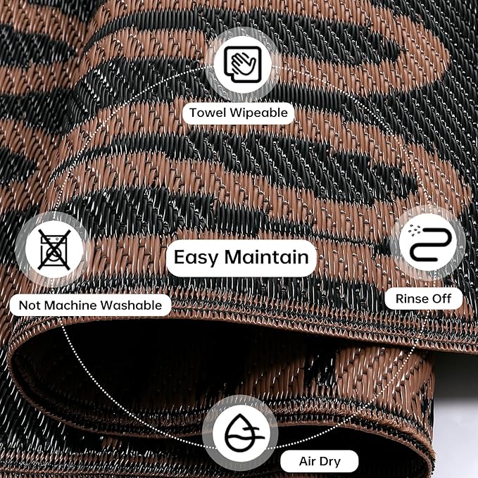 Beeiva Outdoor Rug 8x10 Patio Waterproof, Reversible 8x10 Outdoor Rug for Patio, Washable Outdoor Plastic Straw Rug for Deck, Balcony, Backyard, Porch, Camping, Picnic - Black/Brown