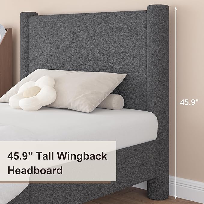 Twin Size Bed Frame, Boucle Upholstered Platform Bed with Headboard and Footboard, Soft Rounded Corners, No Box Spring Required, Easy Assembly, Dark Grey