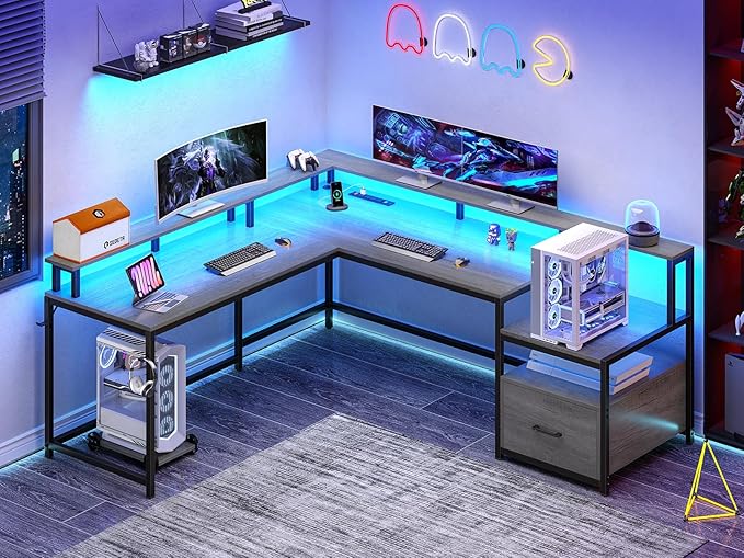 SEDETA L Shaped Office Desk, 66" Home Office Desk with File Drawer & Power Outlet, Gaming Desk with Led Lights, Corner Computer Desk with Monitor Shelf, Printer Storage Shelves, Two Person Desk, Grey