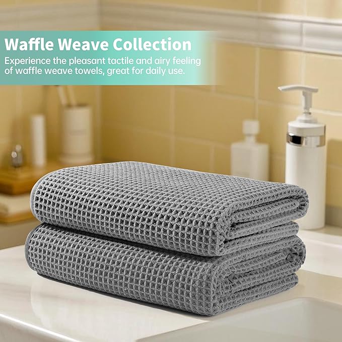 Microfiber Waffle Bath Towels, 4 Pieces, Soft, Absorbent, Fast Drying, Lint Free (Gray)