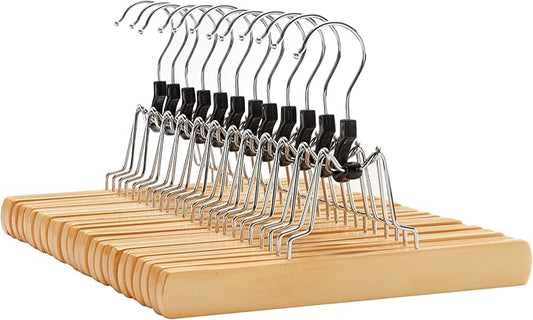 SONGMICS 12 Pack Wooden Pants Hangers, Premium Solid Wood with Non-Slip Felt, Hold Pants Tightly, Smooth Finish Wood Skirt Hangers, with 360° Swivel Hook, Natural UCRW007-12