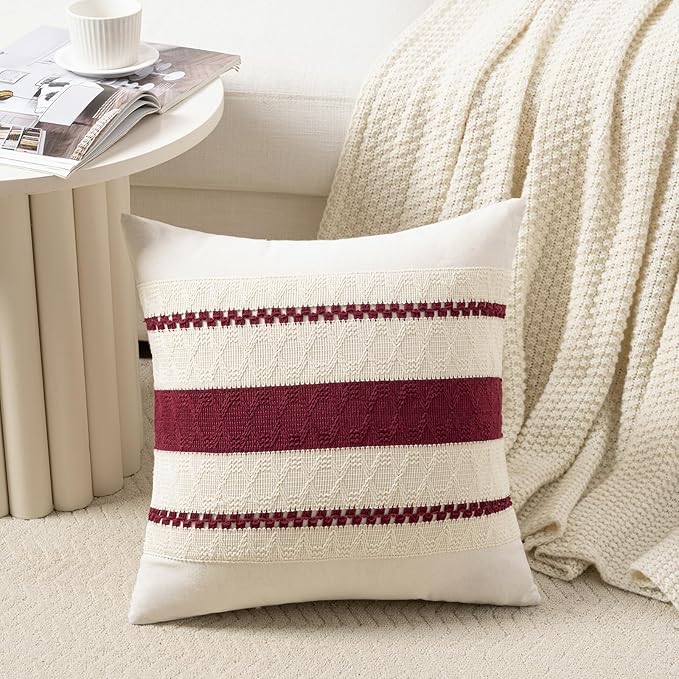 Fancy Homi Set of 2 Burgundy Boho Big Decorative Throw Pillow Covers 24x24 Inch for Couch Bed Sofa, Aesthetic Modern Farmhouse Christmas Room Decor, Soft Cotton Textured Wind Red Cushion Case