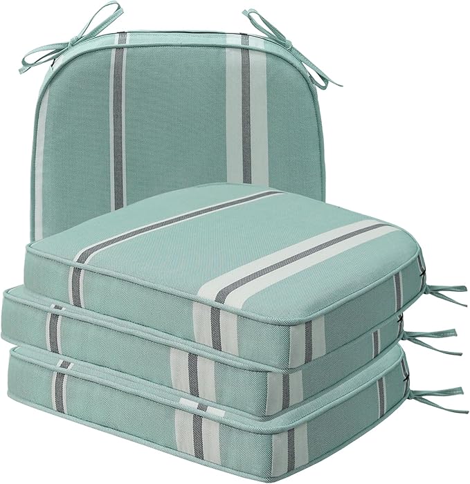 Round Corner Seat Cushions, 17" x 16" x 2", Set of 4, Indoor Outdoor Water Repellent Universal Chair Pads with Ties for Patio Furniture, Garden Deck Dining Chairs, Aqua Stripe