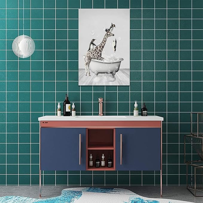 Funny Wall Art Giraffe and Penguin Bathroom Pictures for Kids - Animals in Bathtub Canvas Prints Artwork - Home Decorations for Bathroom, Bedroom, Toilet - Framed