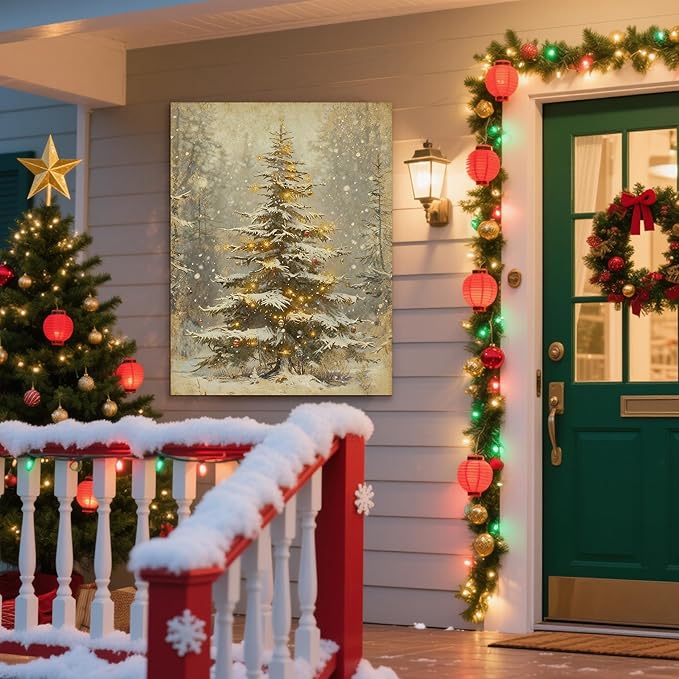 Framed Christmas Pictures Wall Decor,Vintage Pine Tree Prints,Winter Christmas Canvas Wall Art Decoration for Bedroom Bathroom Living Room Rustic Xmas Holiday Gifts (Christmas Tree 2, 20'' X 32'')