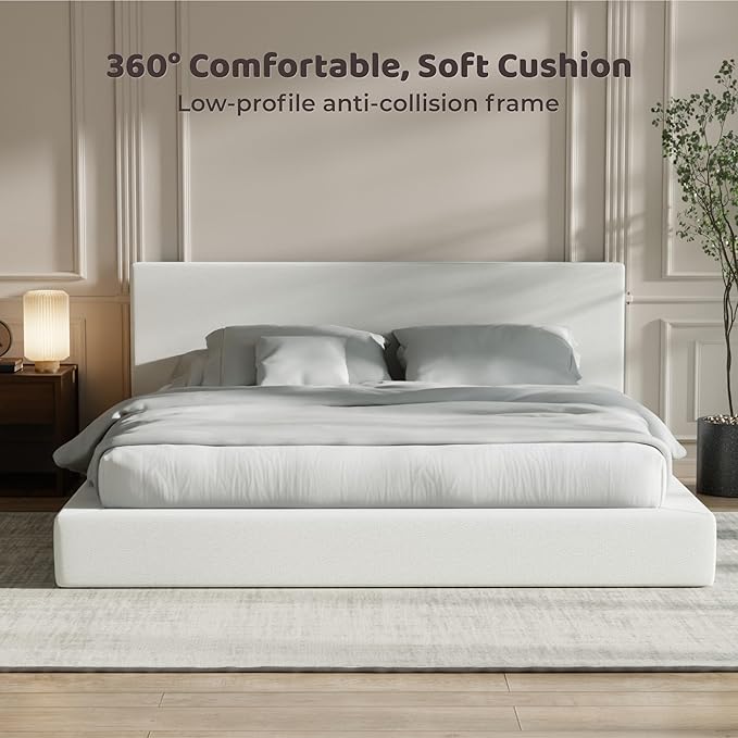RECCI Cloud Upholstered King Bed Frame with Headboard, 5 Inch Foam Padded Platform, No Box Spring, Easy Assembly (Off-White)