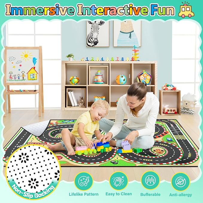 Kids Rug, Race Track Baby Play Mats, Realistic 3D Cascading Surround Route, 6x9 Ft Kids Rug for Playroom, Great for Playing with Cars and Toys, Non-Slip Car Carpet