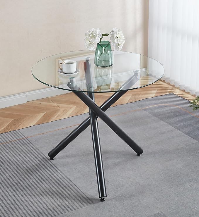 Round Glass Dining Table,Glass Dining Room Table with Tempered Glass Tabletop and Metal Legs, Modern Style Glass Kitchen Table for Home, Kitchen, Dining Room