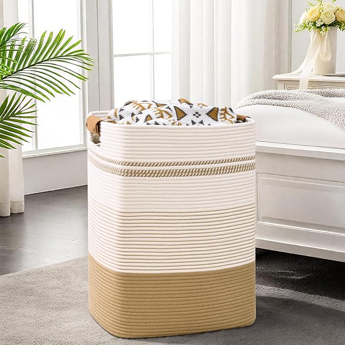 Laundry Hamper, 85L Tall Laundry Basket with Leather Handles, Rectangle Large Clothes Hamper for Organizing, Cotton Woven Laundry Baskets Storage Hampers for Bedroom, Nursery, Living Room