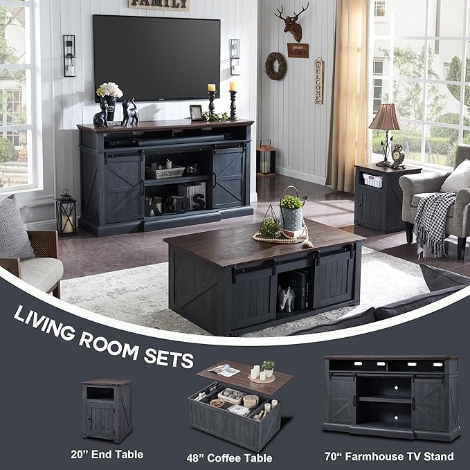 Farmhouse End Table with Charging Station, 20" Nightstand w/Groove Barn Door, Rustic Wood Bedside Table, Side Table with Storage w/Open & Adjustable Shelf for Bedroom, Living Room (Dark Grey)