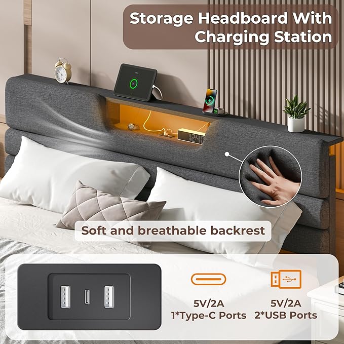 King Size Bed Frames with Upholstered Headboard, Modern Platform Bed with Charging Station and Led Lights, Bed Frame with Sturdy Wooden Slats/No Box Spring Needed/2-Tier Storage, Grey