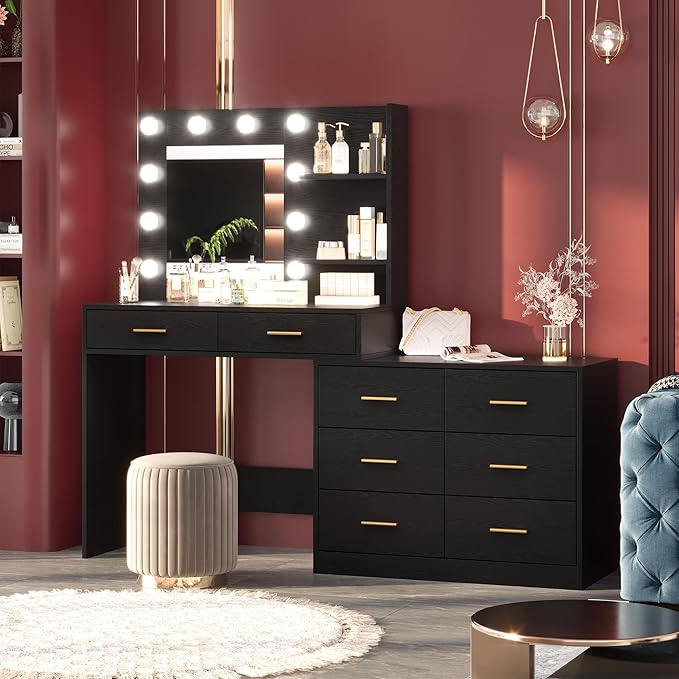 GarveeHome 61 in Make up Vanity Desk with Mirror and Lights, Black Vanity with 8 Wide Storage Drawers & 2 Tier Shelves, 3 Lighting Modes with Adjustable Brightness for Bedroom