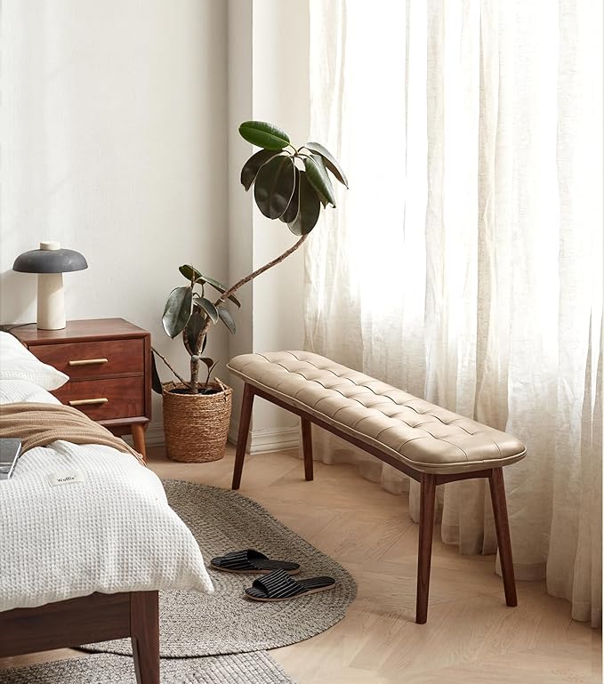 51.2'' Leather Upholstered Dining Bench with 100% Solid Oak Wood Bench Frame, Checkered Stitched Padded Cowhide Bed End Bench Ottoman for Kitchen Living Room Bedroom Entryway, Taupe