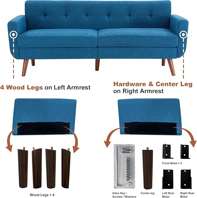 Tbfit 77.2" W Linen Sofa Couch, Mid Century Modern Decor Loveseat Couches for Living Room, Button Tufted Upholstered Small Couch for Bedroom, Solid, and Easy to Install Love Seats Furniture, Blue