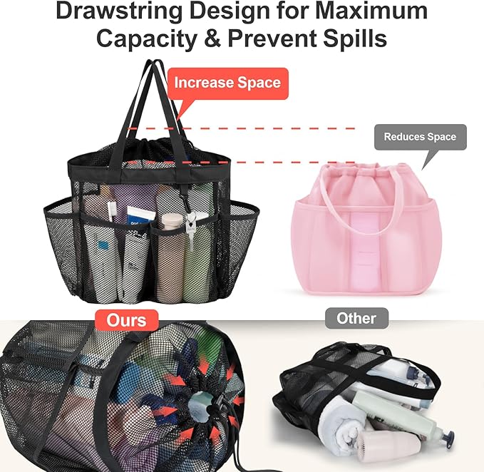 F-color Mesh Shower Caddy Portable with Drawstring - 8 Pockets Dorm Room Essentials for Guys Girls with S Hook, Shower Bag Basket Tote for College Camping Bathroom, 2 Pack Black & Mint Green