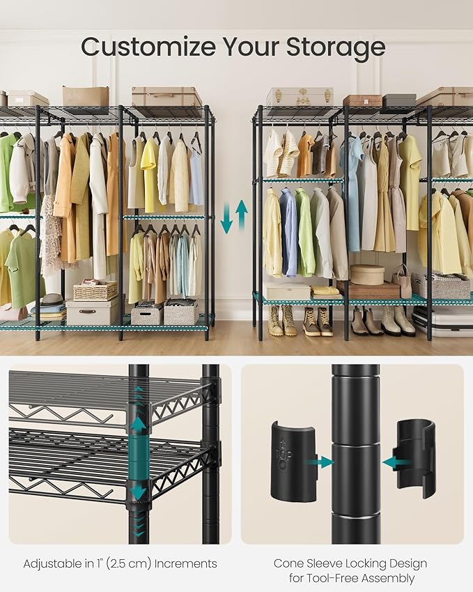SONGMICS Clothing Rack, Heavy-Duty Garment Rack with Adjustable Storage Shelves and Hanging Rails, Hooks, Freestanding Portable Wardrobe Closet Rack, Ink Black ULGR436B01