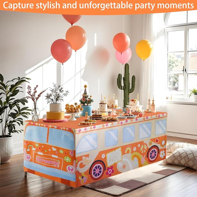 4Ft Groovy Bus Tablecloth,Hippie Birthday Party Decorations for 60s 70s Boho Themed Birthday,Baby Shower,Carnival Party Decorations