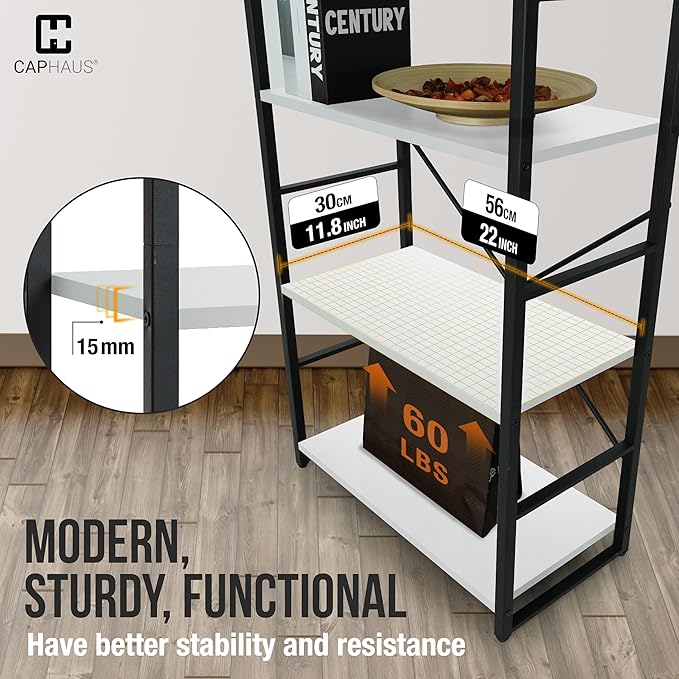 CAPHAUS 2 Tier Small Bookshelf, 24 Inch Width Free Standing Shelf, Bookcase Shelf Storage Organizer, Industrial Book Shelves for Home Office, Living Room, White Shelves & Metal Frame