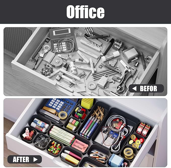 Plastic Drawer Organizers, 10 PCS Drawer Organizer Bins, Bathroom and Vanity Organizer Plastic Tray, Makeup organizer and storage for Makeup, Bedroom, Kitchen Gadgets Utensils and Office (Black)