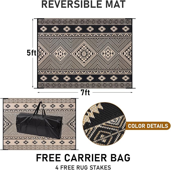 HiiARug Outdoor Rug 5'x7' Outdoor Plastic Straw Rug Waterproof Patio Mat Camping Rug Reversible RV Mat Outdoor Area Rugs for Outdoors, RV, Patio, Backyard, Deck, Camping