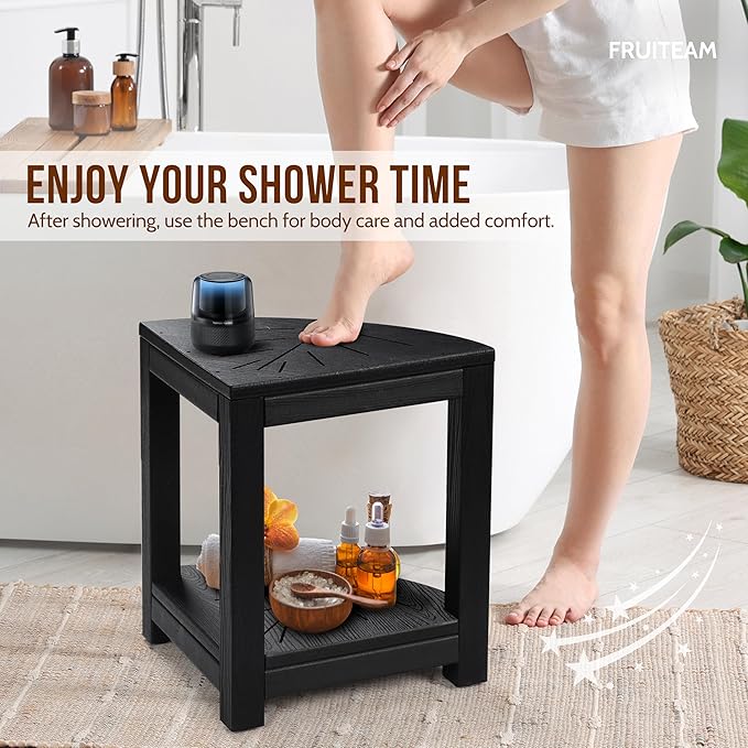 Shower Stool for Inside Shower, Non-Slip Shower Bench, Sturdy Corner Shower Stool with Storage Shelf, Waterproof Shower Stool for Shaving Legs and Bathroom Safety, Space Saving Design