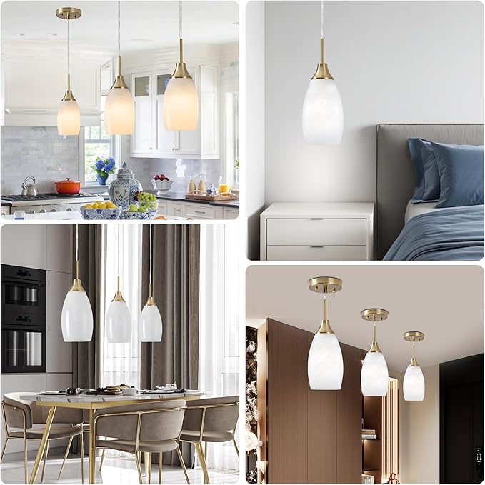 Mini Glass Pendant Light 3-Pack Handblown Art White Swirl Oval Glass Hanging Pendant Lamp 4.72" Glass Chandelier for Kitchen Island Dining Room Living Foyer Hallway Entry Brushed Gold Finish