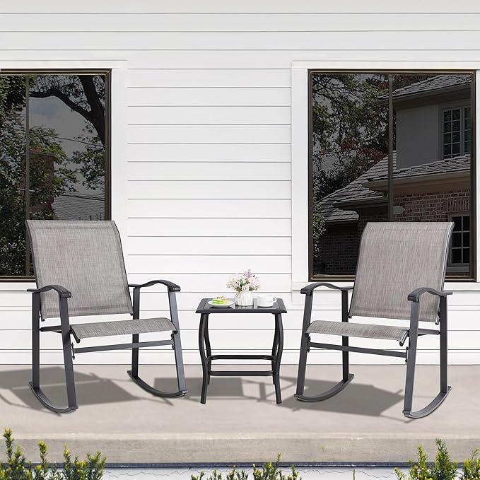 Shintenchi 3 Piece Rocking Bistro Set, Outdoor Furniture with Rocker Chairs and Glass Coffee Table Set of 3, Balcony, Porch Furniture for Small Space, Gray