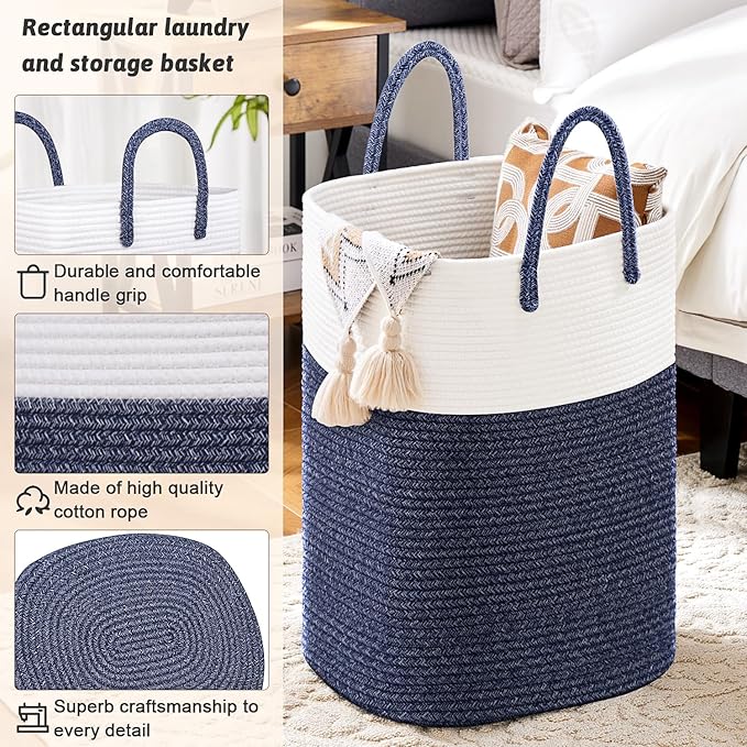 Laundry Basket,Woven Cotton Rope Laundry Hamper,Versatile Storage for Dirty Clothes,Baby Toys,and Blankets in Bathroom, Nursery,and Living Room (Blue, 60L)