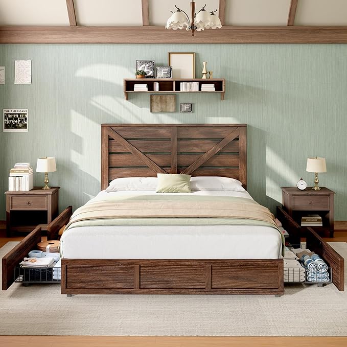 AMERLIFE King Size Farmhouse Bed Frame with 4 Drawers, Wooden Storage Bed Frame with Headboard and Heavy Duty Metal Slats, Noisy Free, Easy Assemble, Rusric Brown