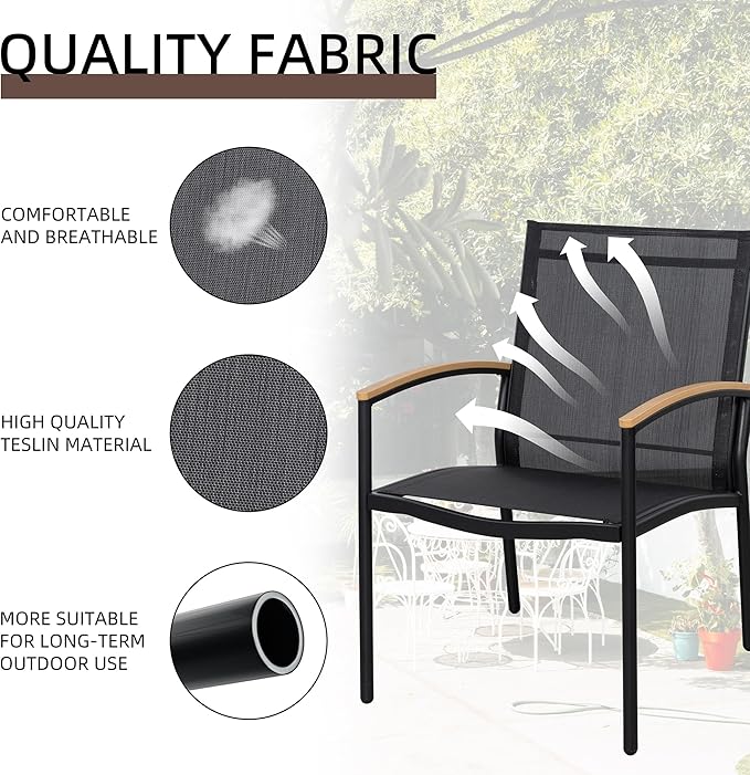 Shintenchi 3 Pieces Patio Bistro Sets, Outdoor Textilene Fabric Conversation Bistro Set, Textilene Fabric Front Porch Chairs Small Patio Furniture Set with Table for Lawn,Garden,Balcony (Black)