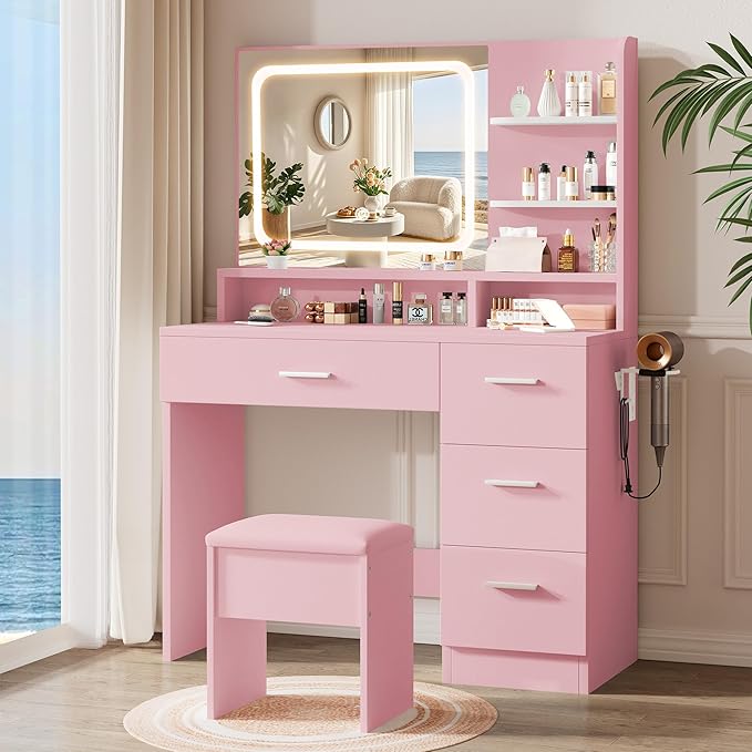 Makeup Vanity Desk Set, 35.4" Wx15.7”Dx53.9“H, Pink (Smart LED Mirror, with Cushion Stool, Hairdryer Rack, Power-Outlet, 4 Drawers, Open Shelves)