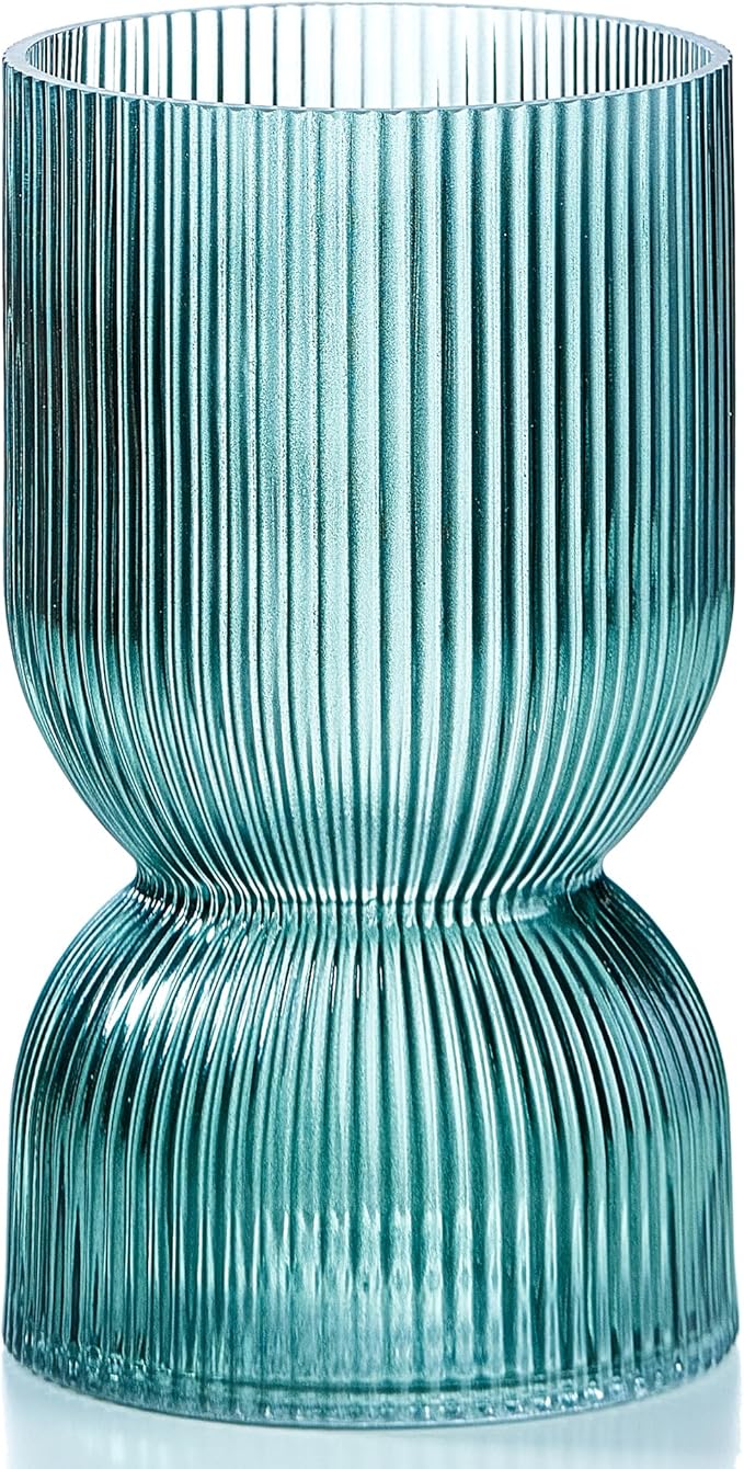 7.5 Inch Glass Hourglass Vase - Green Ribbed Bud Flower Vases for Floating Candles, Centerpieces, Wedding Reception Decor - Hurricane Candle Holder for Home Decor, Housewarming Gift
