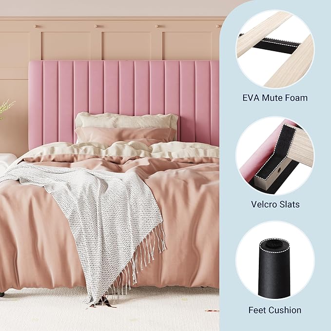 Allewie Twin Bed Frame, Velvet Upholstered Platform Bed with Adjustable Vertical Channel Tufted Headboard, Mattress Foundation with Strong Wooden Slats, Box Spring Optional, Easy Assembly, Pink