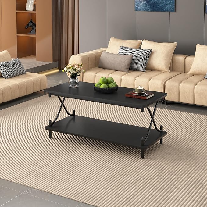 VECELO 39-Inch Coffee Table with Storage and Open Shelves for Living Dining Room, Modern Rectangle & Industrial Design, X-Shape Frame, Black