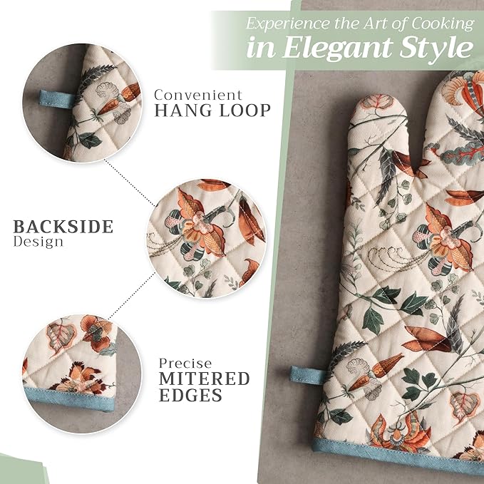Maison d' Hermine 100% Cotton Oven Mitt & Pot Holder Set (7.5"x13" & 8"x8") Heat Resistant BBQ Cooking Gloves with Loop for Thanksgiving Christmas Decorations Handling Hot Pans (Dalida)