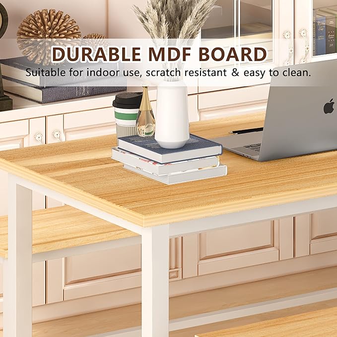 AWQM Dining Table Set with Two Benches, Kitchen Table Set for 4-6 Persons, Kitchen Table of 47.2 x 28.7 x 28.7 Inches, Bench of 41.3 x 11.8 x 17.7 Inches Each, Oak