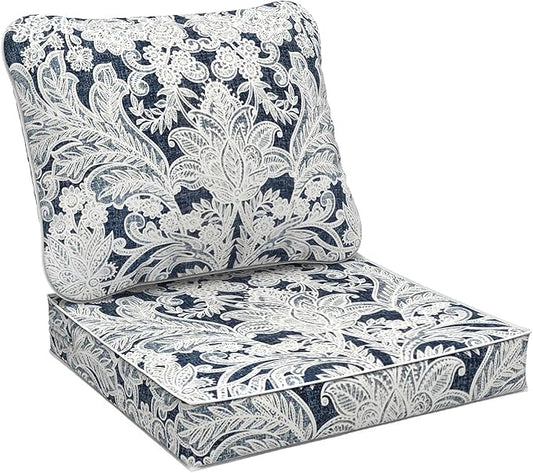 Outdoor Deep Seat Cushions Set 22 x 22 Inch for Patio Furniture,Water Resistant Chair Cushions Replacement Includes Seat Cushion & Back Pillow for Couch Sofa, Wicker Chair - Damask Lapis