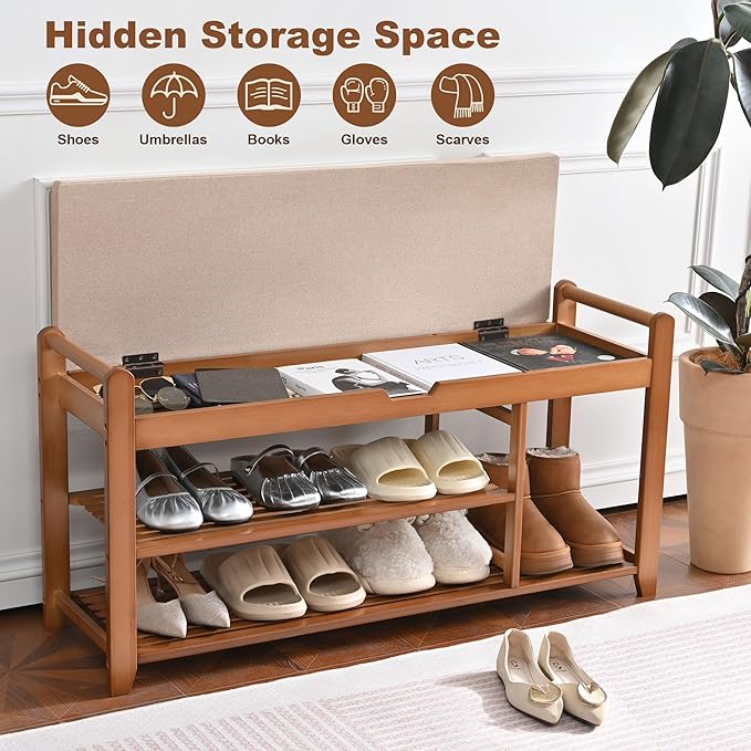 39.4in Shoe Bench with Coat Rack, 3-Tier Bamboo Entryway Bench Hall Tree Shoe Rack Holds Up to 330lb for Bedroom Hallyway