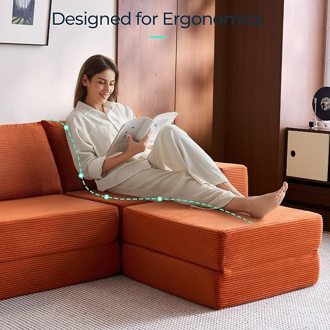LINSY HOME Modular Sectional Sleeper Sofa Convertible Sofa Bed with 2 Pillows & Ottoman, L Shaped Folding Sofas Corduroy Couch Bed Compression Floor Sofa for Living Room Apartment (Orange)