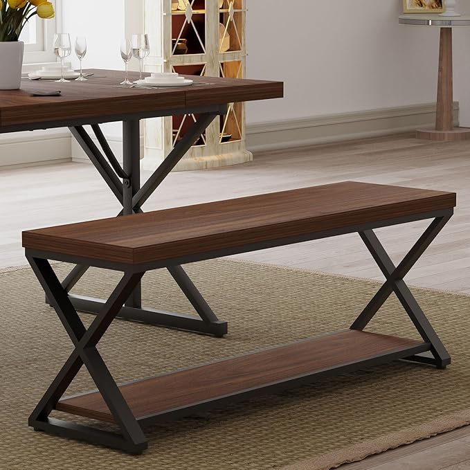 IBF Wood Entryway Bench Indoor, Industrial Wooden Metal Entry Shoe Storage Bench in Bedroom, Farmhouse Hallway Shoe Rack Bench Seating for Foyer Living Dining Room End of Bed, Walnut, 47 Inch