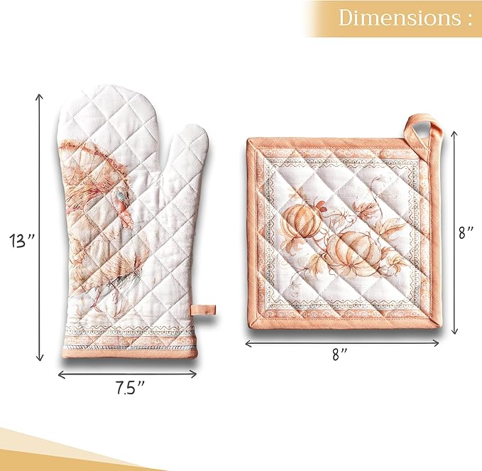 Maison d' Hermine 100% Cotton Oven Mitt & Pot Holder Set (7.5"x13" & 8"x8") Heat Resistant BBQ Cooking Gloves with Loop for Thanksgiving Christmas Decorations Handling Hot Pans (Giving Thanks)