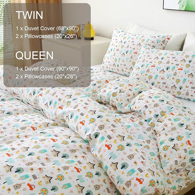 Ivellow Twin Duvet Cover for Kids Cartoon 100% Cotton Kids' Duvet Cover Sets Cottage Farm House Car Patterned Duvet Cover Ultra Soft Breathable Cute Toddler Bedding Set Zipper Closure Boys Girls Teens