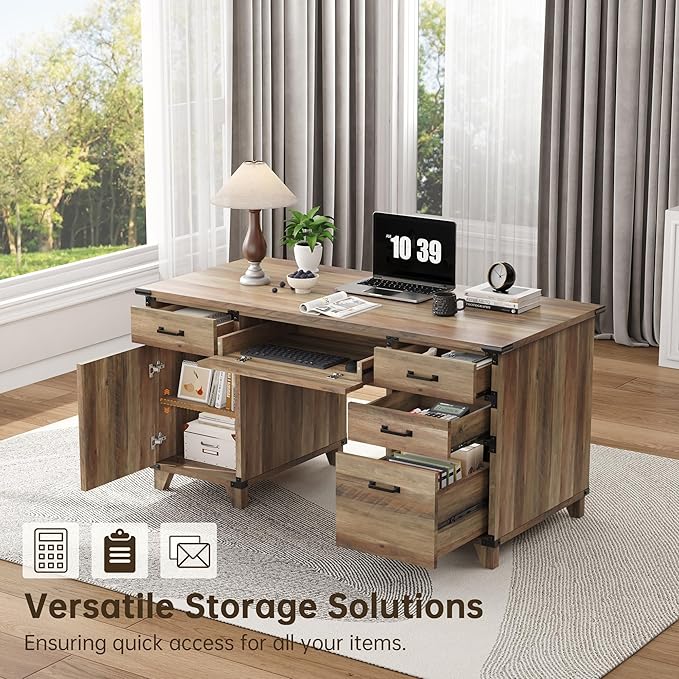 59" Farmhouse Executive Desk with Keyboard Tray,Wooden Computer Desk with Scratch-Resistant Wear-Resistant for Office, 5 Drawers,Home Office Workstation with wFile Cabinet Storage
