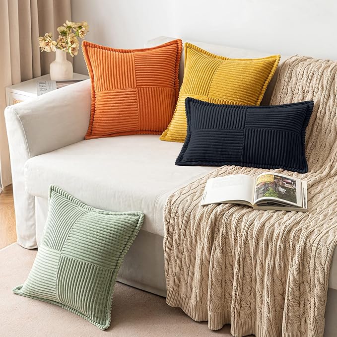 MIULEE Decorative Lumbar Throw Pillow Covers for Couch Bed Livingroom 12x20 Inch Set of 2 Black Boho Accent Throw Pllows Broadside Striped Patchwork Soft Corduroy Pillowcases