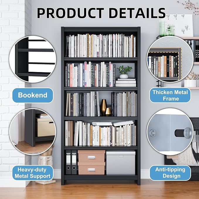 69.3" Tall Metal Bookshelf, 5-Tier Black Bookcase with Wide Open Shelves, Modern Bookshelf with Storage for Living Room, Bedroom, Home Office, Library, Study