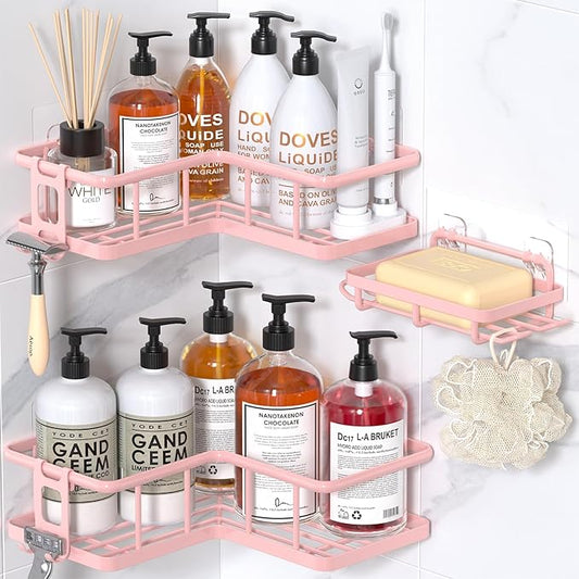 YASONIC Corner Shower Caddy Organizer, 3-Pack Self-Adhesive Rustproof Bath Shelves with Soap Holder & 4 Hooks, Large Capacity Shower Storage Rack for Bathroom Organization, Pink