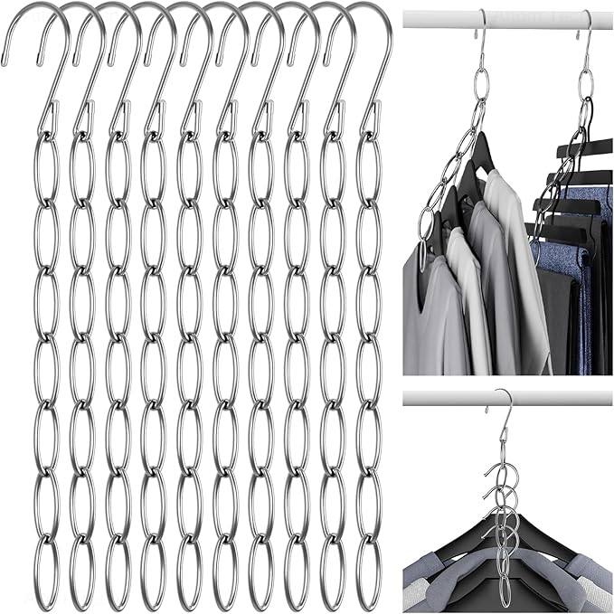 NiHome Clothing Chain Hanger 10-Pack, Metal Closet Organizer Space Saving Hangers with 7 Holes, College Dorm Room Essentials, Closet Organizers and Storage for Home, Office & Travel, Wrinkle-Reducing