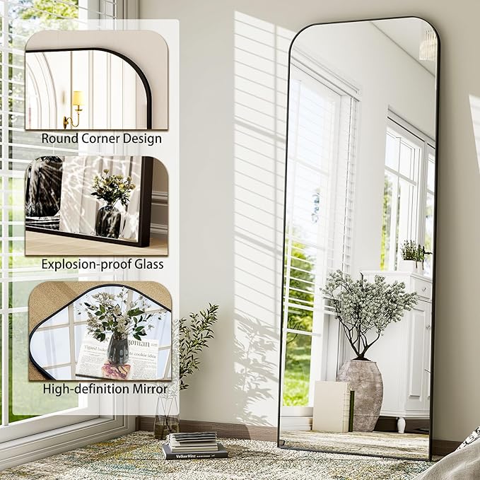 HARRITPURE 57"x20" Full Length Mirror Full Body Mirror Top Rounded Corner Aluminum Frame Hanging or Leaning Wall Floor Mirror with Stand for Living Room Bedroom Cloakroom,Black