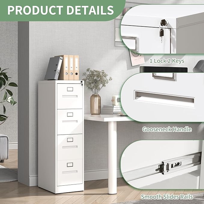 AQY 4 Drawer File Cabinet with Lock,Filing Cabinets for Home Office,Metal File Cabinet 18" Deep Vertical Storage Drawer for Hanging A4/F4/Letter/Legal Size Files, Assembly Require