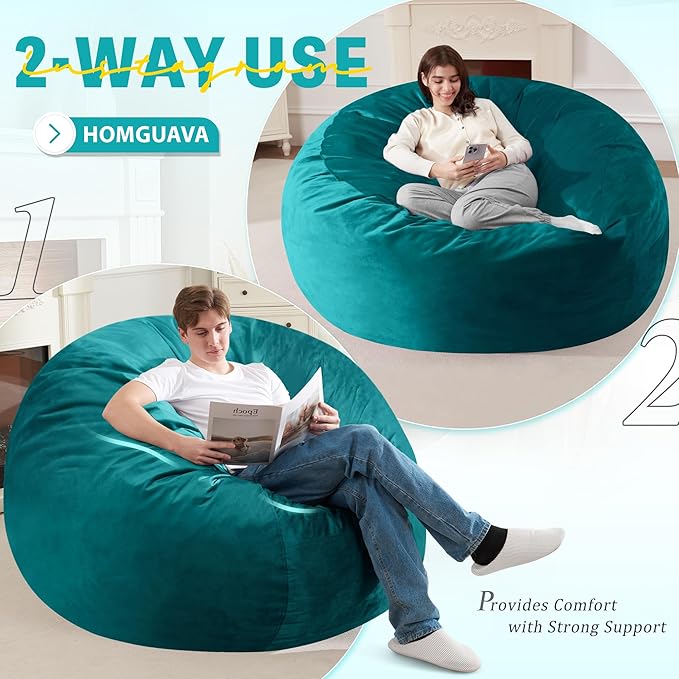 Homguava 6 FT Bean Bag Chair: 6' Bean Bags with Memory Foam Filled, Large Beanbag Chairs Soft Sofa with Dutch Velvet Cover-Sea Blue